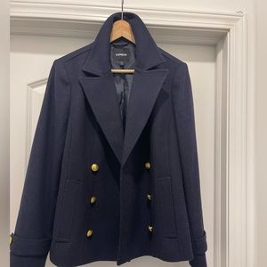 Navy blue, at the waist wool trench